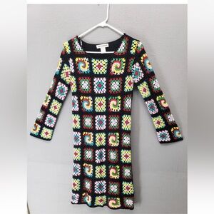 Granny Square Crochet Colorful Long Sleeve S Dress Boho Hippie Festival Cotton